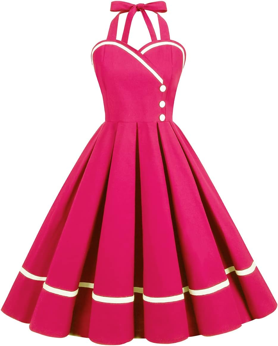 IKADEX Vintage Women 1950s Rockabilly Swing Dress Pinup 50s Retro Hepburn Style Halterneck A-Line Dresses
