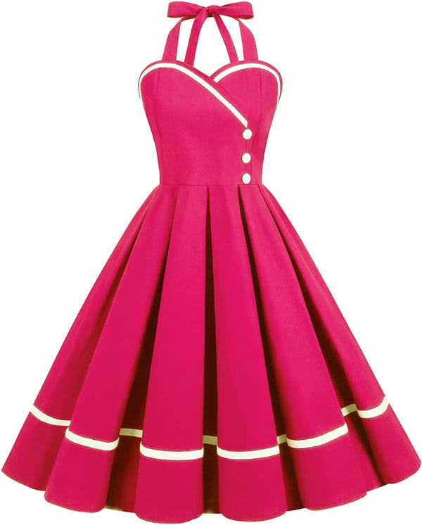 IKADEX Vintage Women 1950s Rockabilly Swing Dress Pinup 50s Retro Hepburn Style Halterneck A-Line Dresses