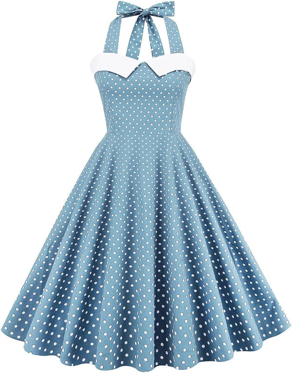 IKADEX Vintage Women 1950s Rockabilly Swing Dress Pinup 50s Retro Hepburn Style Halterneck A-Line Dresses