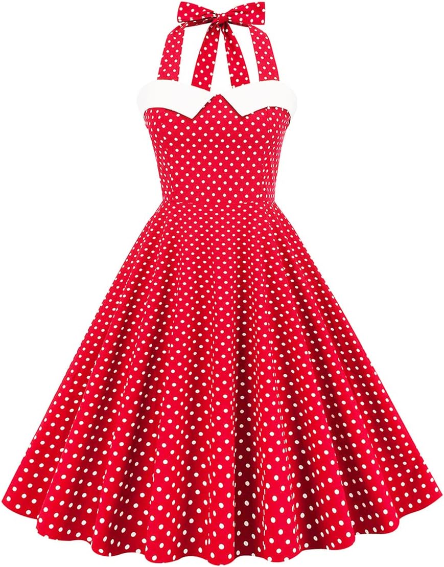 IKADEX Vintage Women 1950s Rockabilly Swing Dress Pinup 50s Retro Hepburn Style Halterneck A-Line Dresses