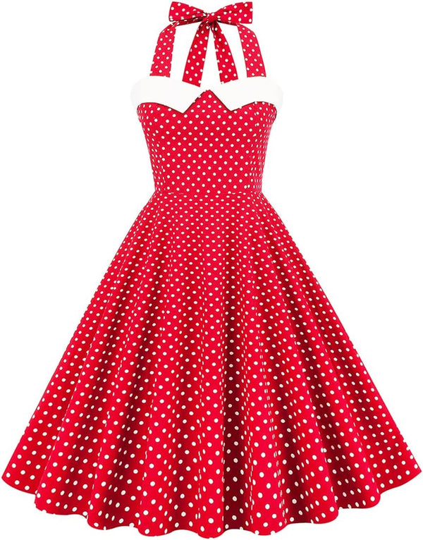 IKADEX Vintage Women 1950s Rockabilly Swing Dress Pinup 50s Retro Hepburn Style Halterneck A-Line Dresses