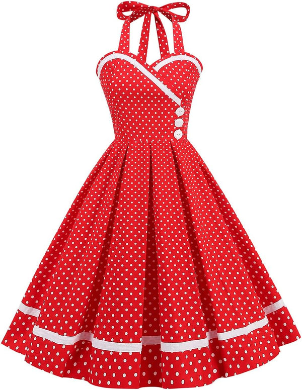 IKADEX Vintage Women 1950s Rockabilly Swing Dress Pinup 50s Retro Hepburn Style Halterneck A-Line Dresses