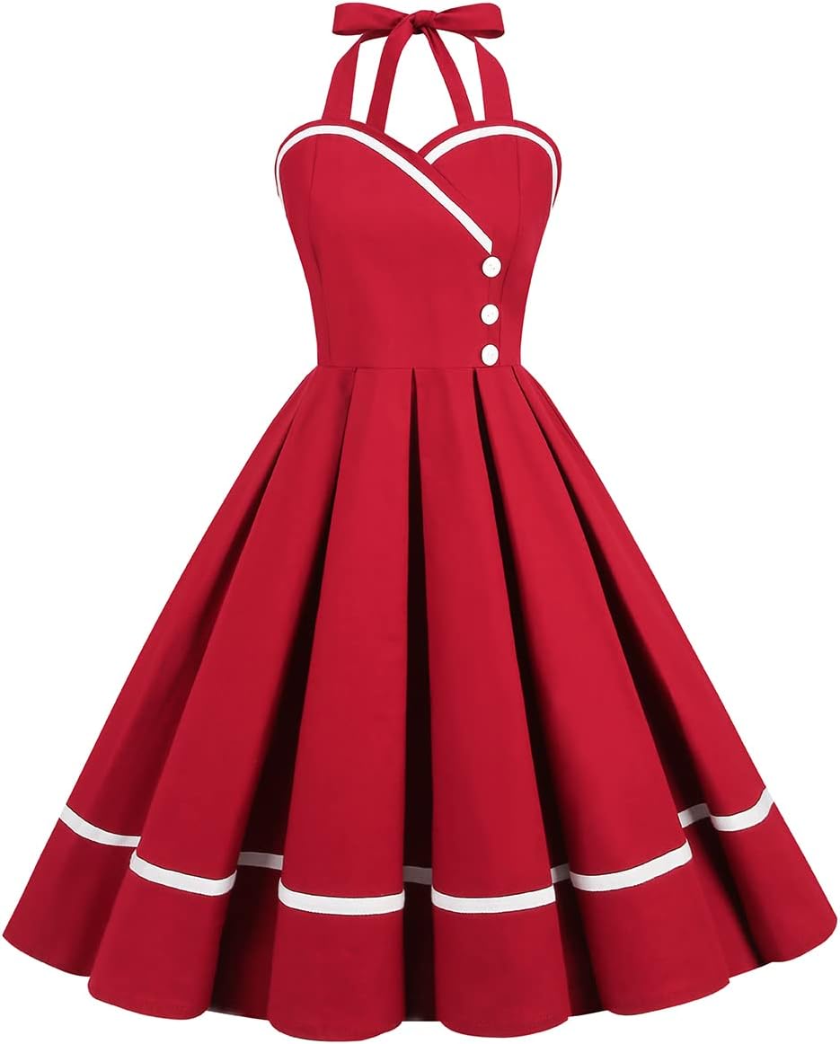 IKADEX Vintage Women 1950s Rockabilly Swing Dress Pinup 50s Retro Hepburn Style Halterneck A-Line Dresses