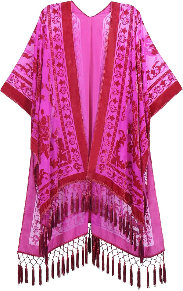 Women's Burnout Velvet Kimono Long Cardigan Cover Up With Tassel