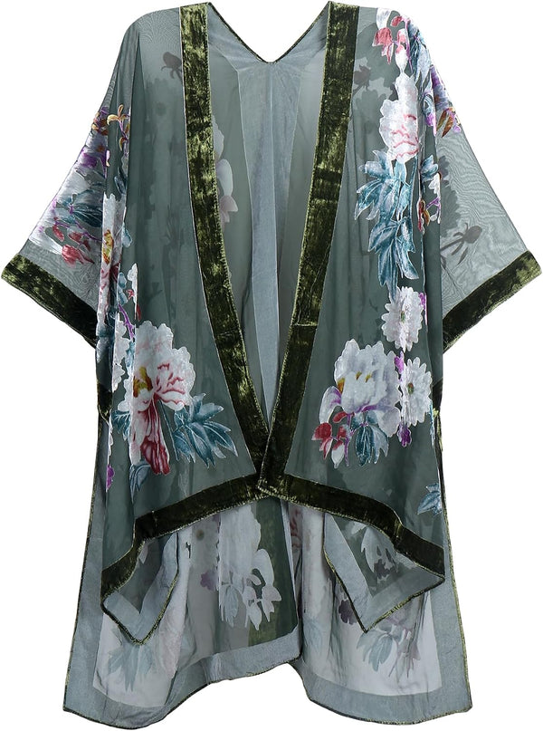 Women's Burnout Velvet Kimono Long Cardigan Cover Up Casual Outfit