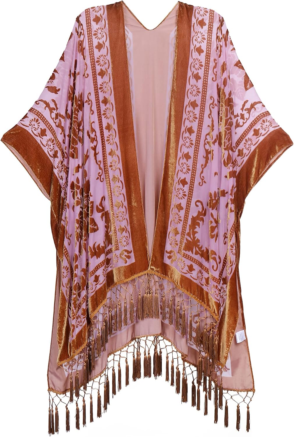 Women's Burnout Velvet Kimono Long Cardigan Cover Up With Tassel