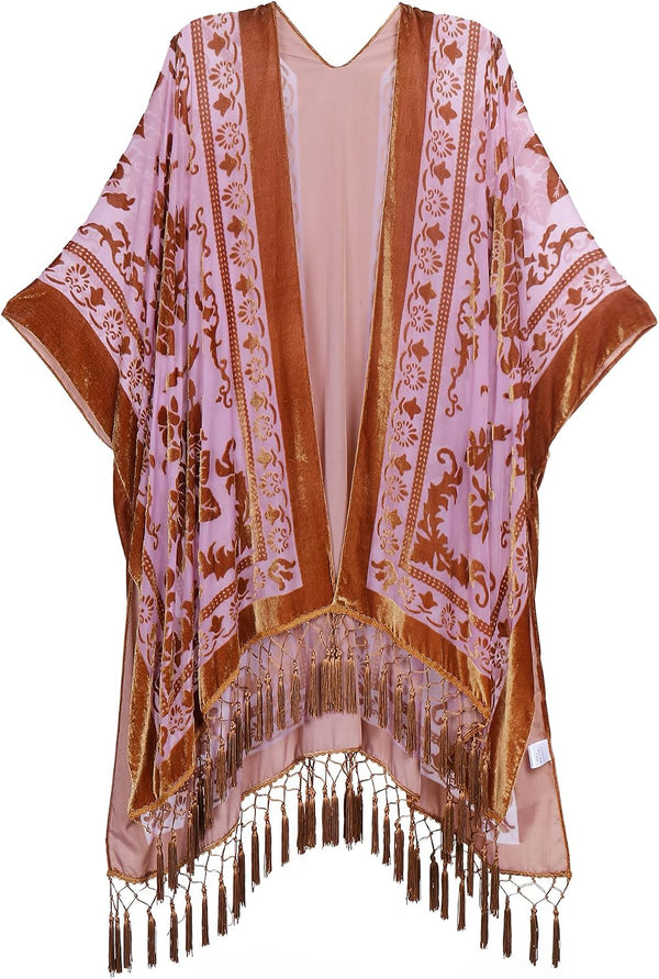 Women's Burnout Velvet Kimono Long Cardigan Cover Up With Tassel