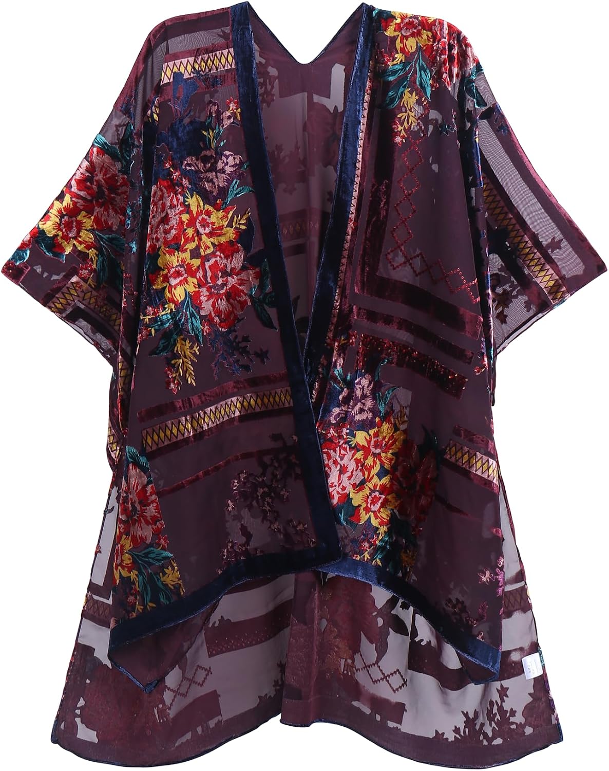 Women's Burnout Velvet Kimono Long Cardigan Cover Up Casual Outfit