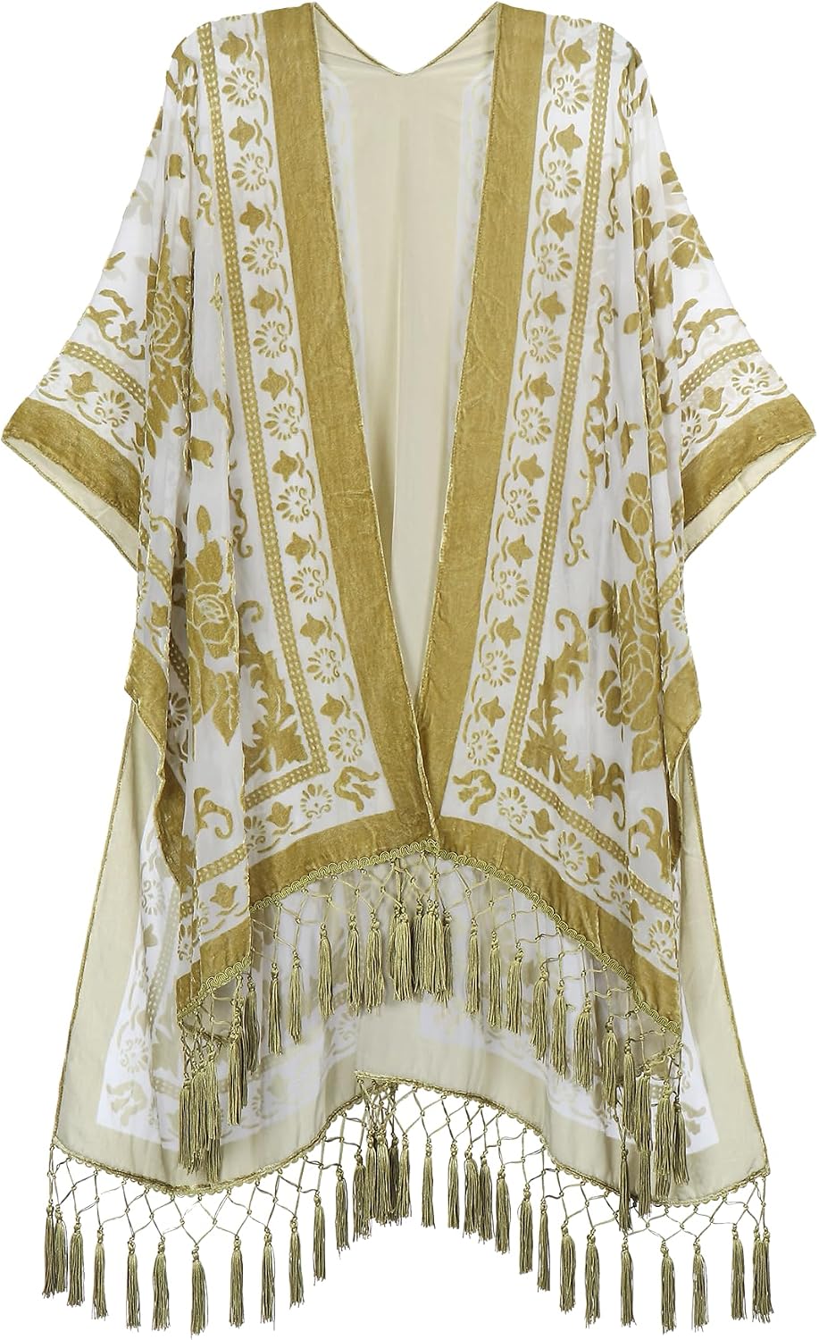 Women's Burnout Velvet Kimono Long Cardigan Cover Up With Tassel
