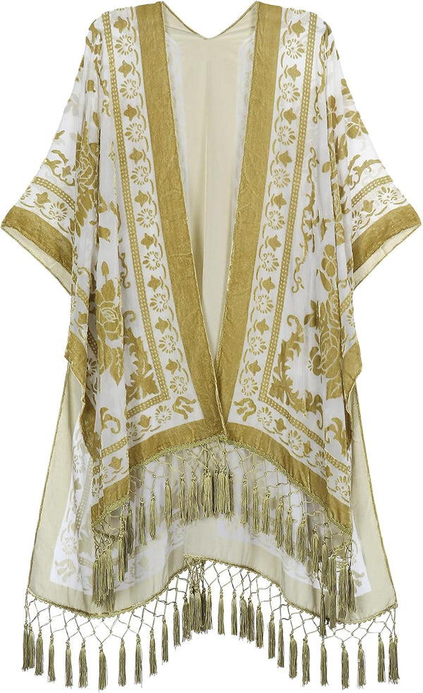 Women's Burnout Velvet Kimono Long Cardigan Cover Up With Tassel