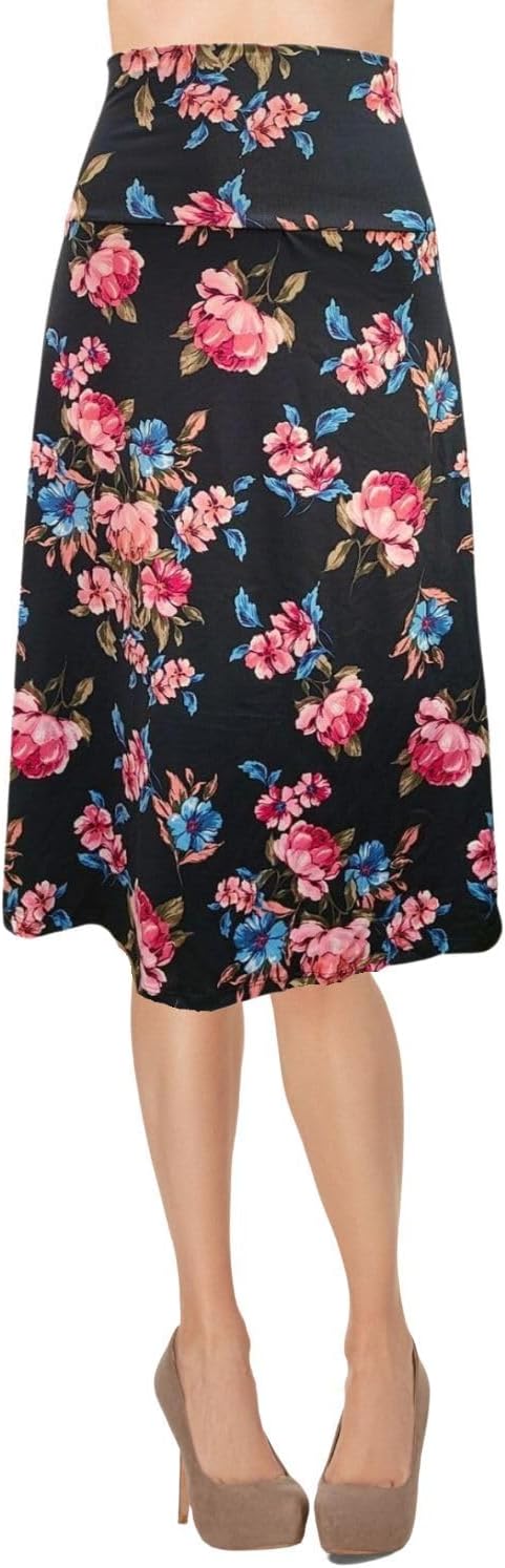 Women's A-Line Foldover Lightweight Flare Midi Pull On Closure Skirt