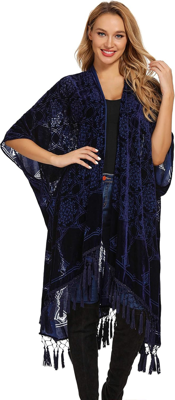Women's Burnout Velvet Kimono Long Cardigan Cover Up With Tassel