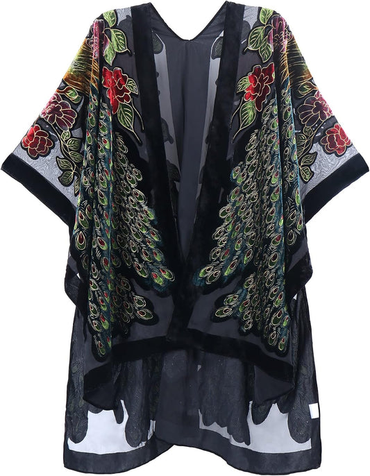 Women's Burnout Velvet Kimono Long Cardigan Cover Up Casual Outfit