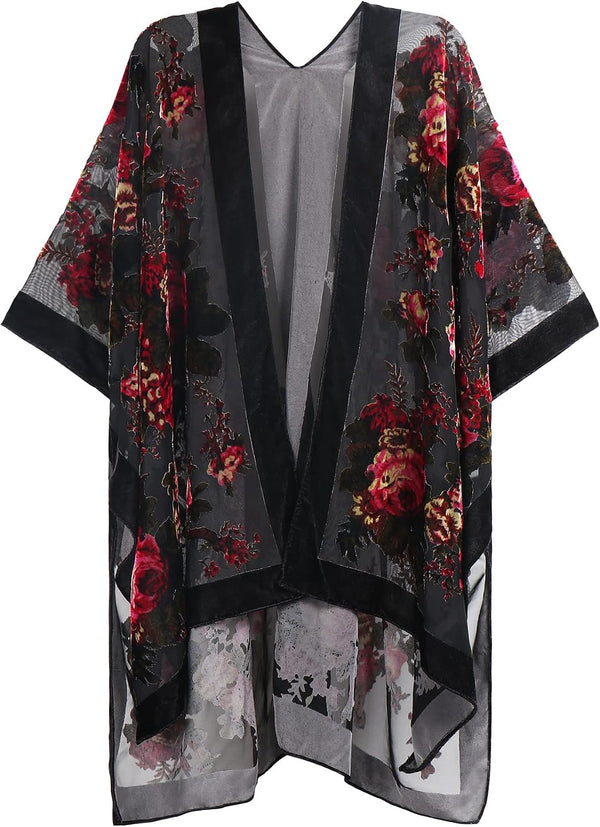 Women's Burnout Velvet Kimono Long Cardigan Cover Up Casual Outfit