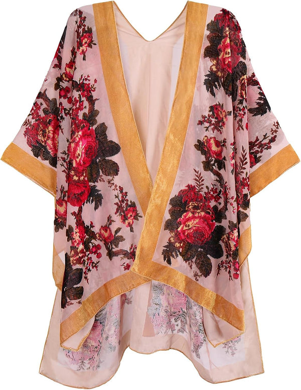 Women's Burnout Velvet Kimono Long Cardigan Cover Up Casual Outfit
