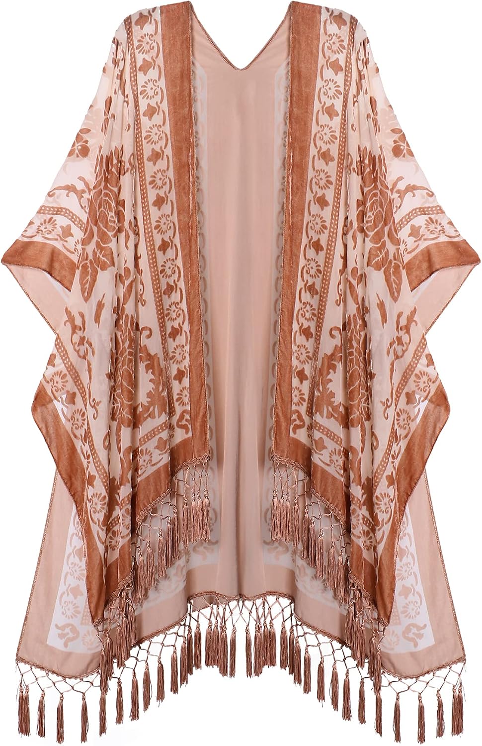 Women's Burnout Velvet Kimono Long Cardigan Cover Up With Tassel