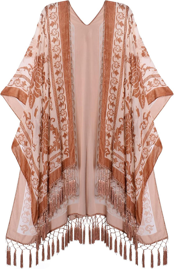 Women's Burnout Velvet Kimono Long Cardigan Cover Up With Tassel