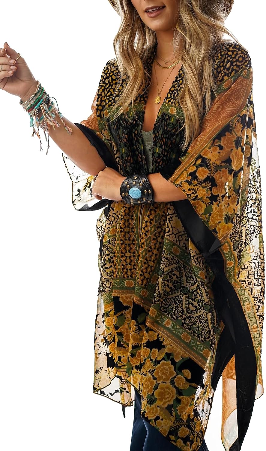 Women's Burnout Velvet Kimono Long Cardigan Cover Up Casual Outfit