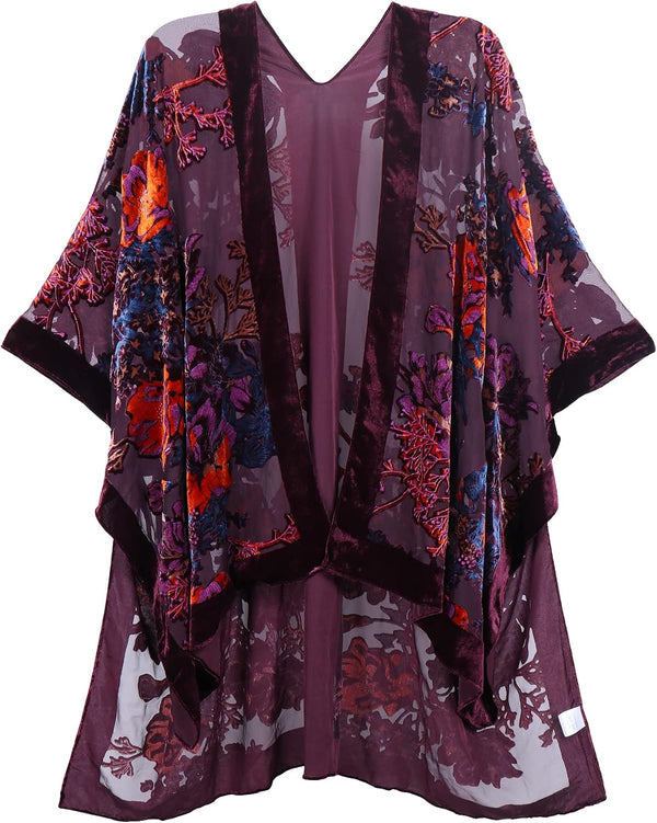 Women's Burnout Velvet Kimono Long Cardigan Cover Up Casual Outfit