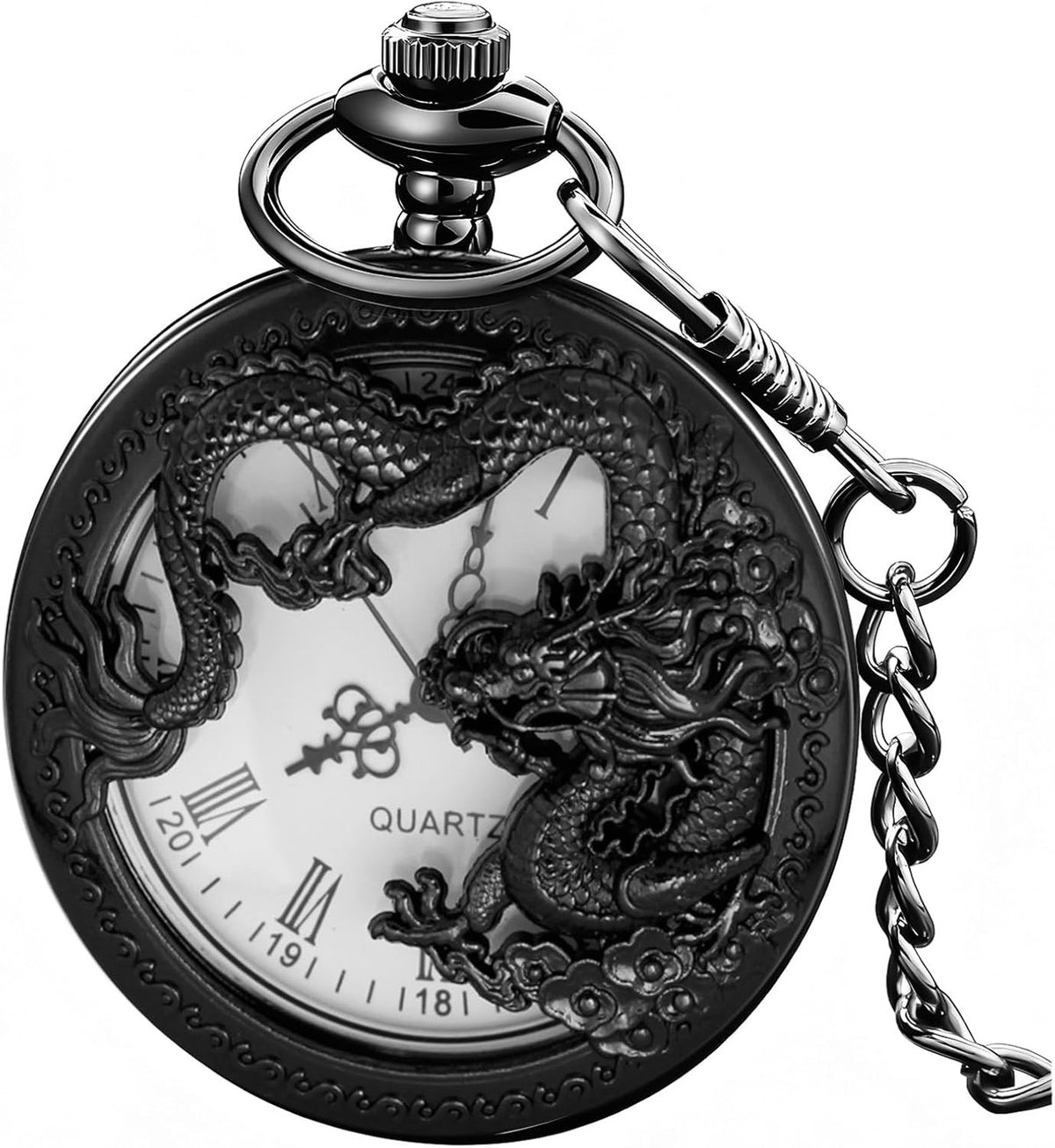 Dragon Design Quartz Pocket Watch Roman Numerals with Chain Birthdays