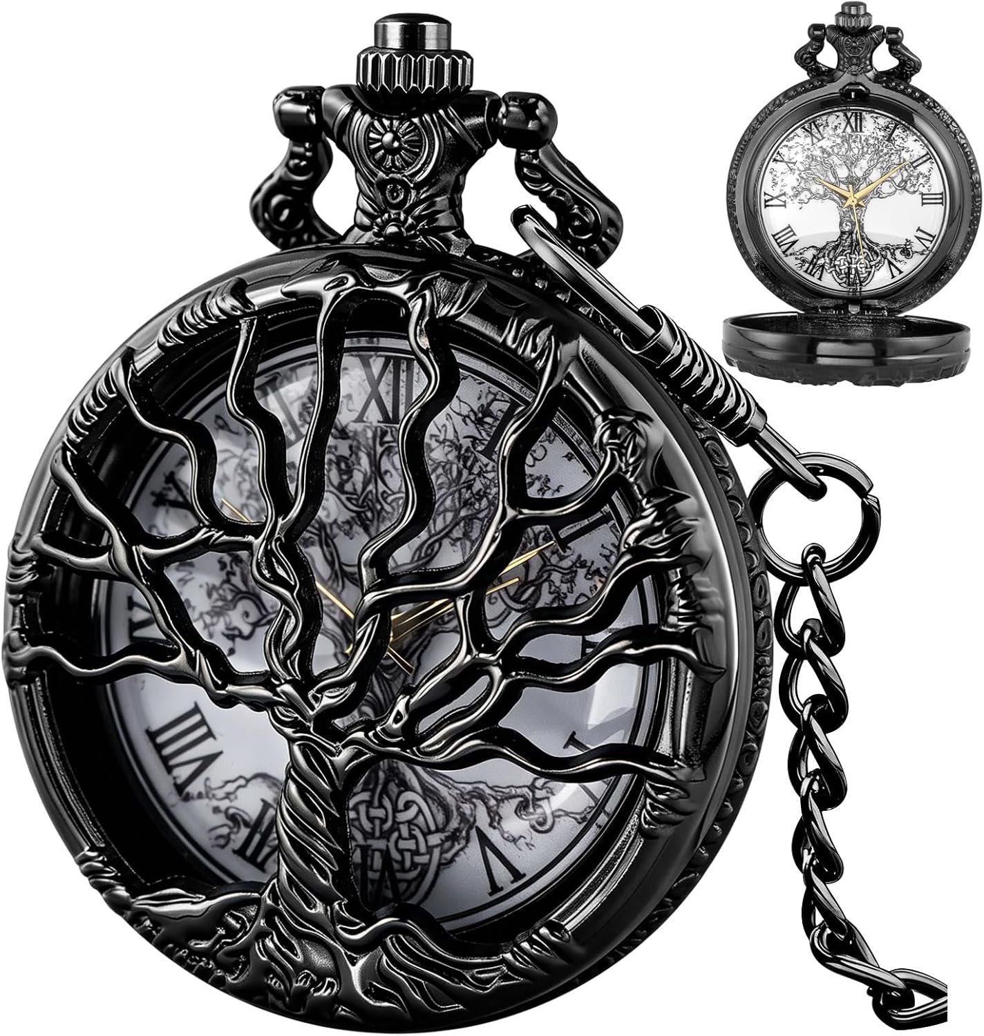 Pocket Watch Hollow Tree of Life Design Roman Numerals Customizable Qu