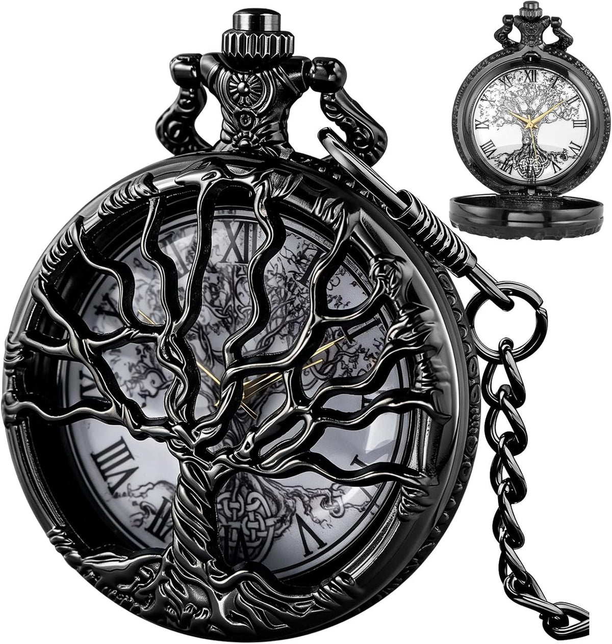 Pocket Watch Hollow Tree of Life Design Roman Numerals Customizable Qu