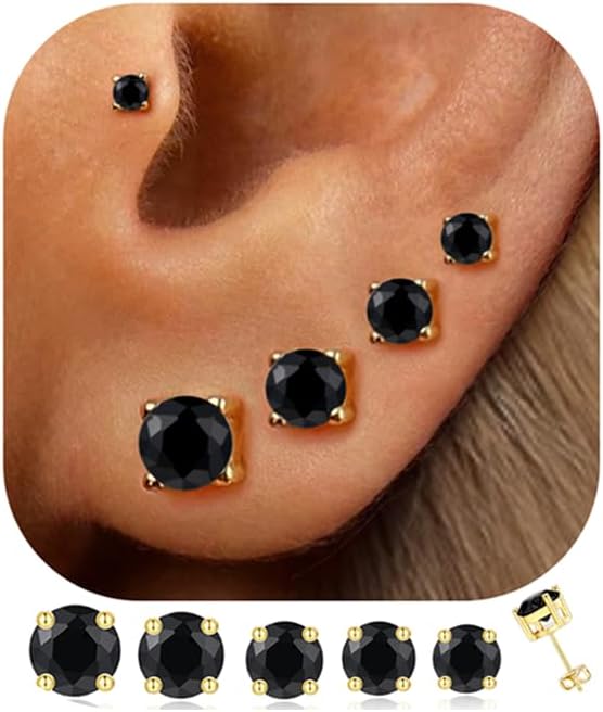 5 Pairs 14K Gold Plated Stud Earrings for Women, CZ Multiple Piercing Set