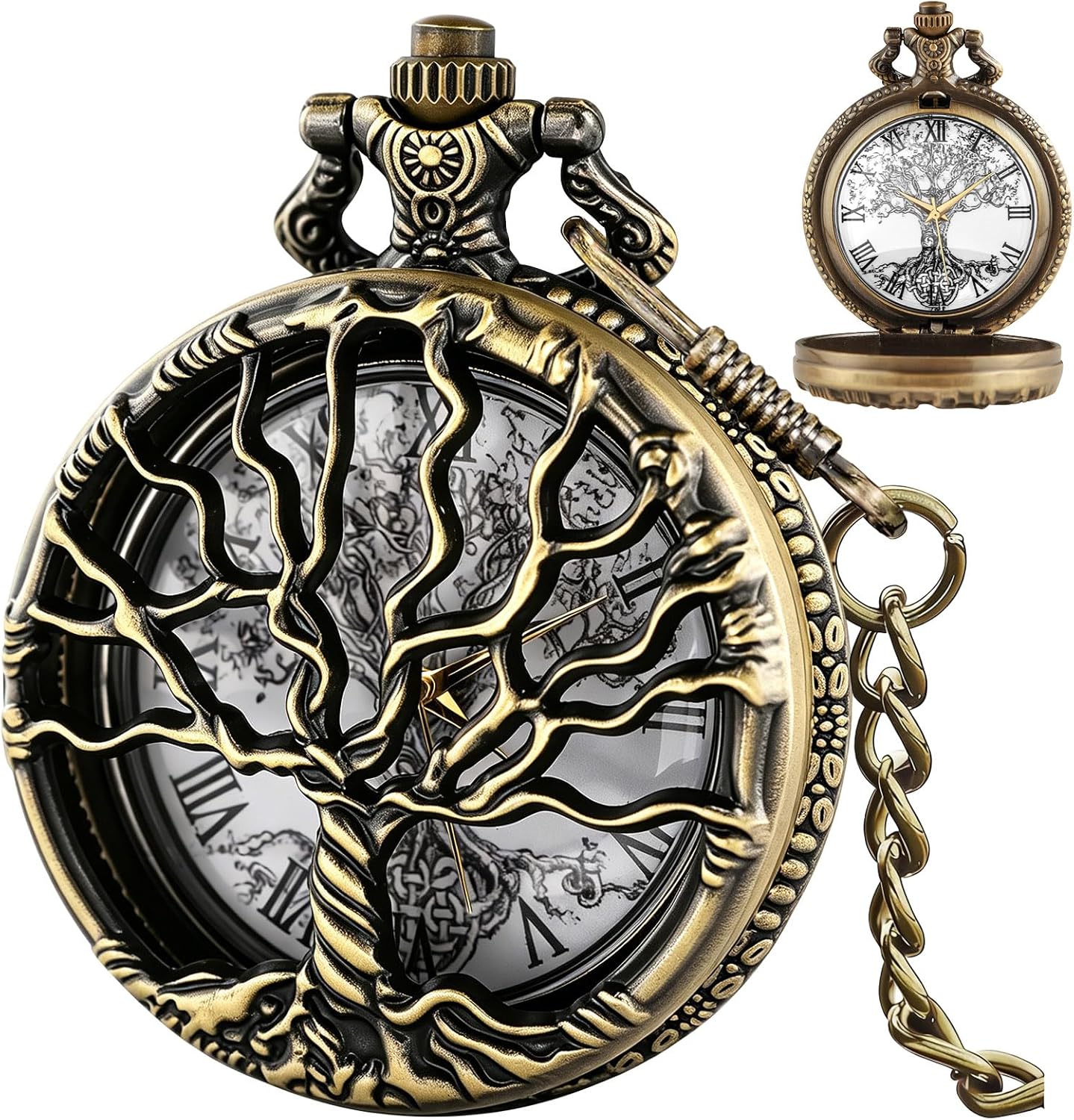 Pocket Watch Hollow Tree of Life Design Roman Numerals Customizable Qu