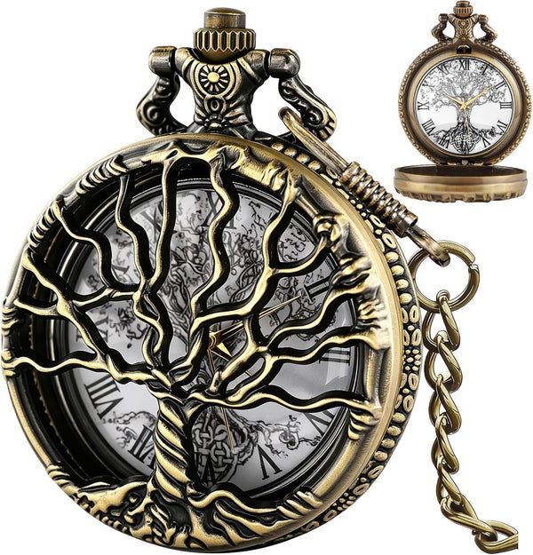 Pocket Watch Hollow Tree of Life Design Roman Numerals Customizable Qu