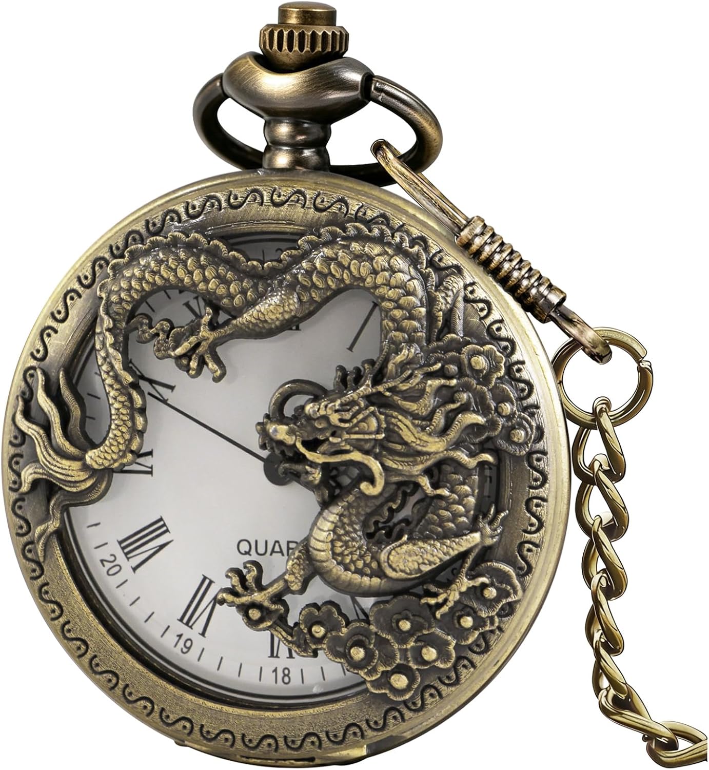 Dragon Design Quartz Pocket Watch Roman Numerals with Chain Birthdays