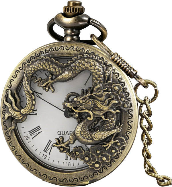Dragon Design Quartz Pocket Watch Roman Numerals with Chain Birthdays