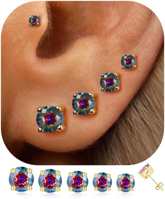 5 Pairs 14K Gold Plated Stud Earrings for Women, CZ Multiple Piercing Set