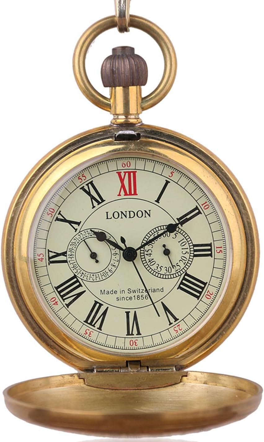 Vintage Copper Train London Design Hand Winding Mechanical Pocket Watc