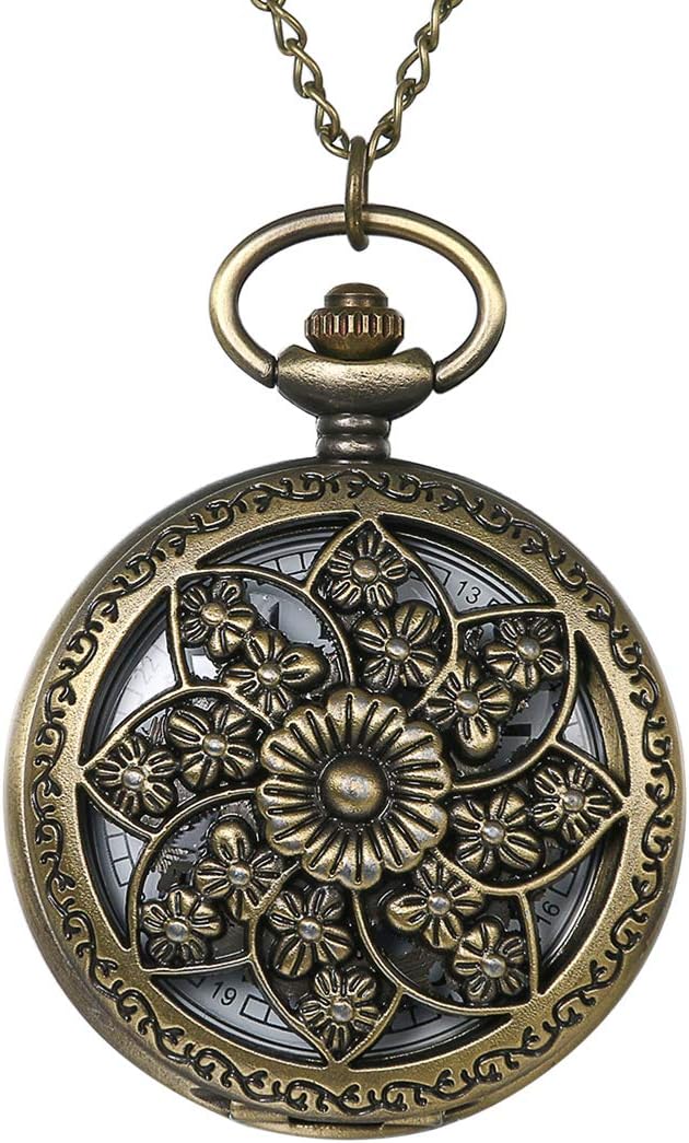 Antique Bronze Retro Hollow Rose Flowers Openwork Quartz Pocket Watch