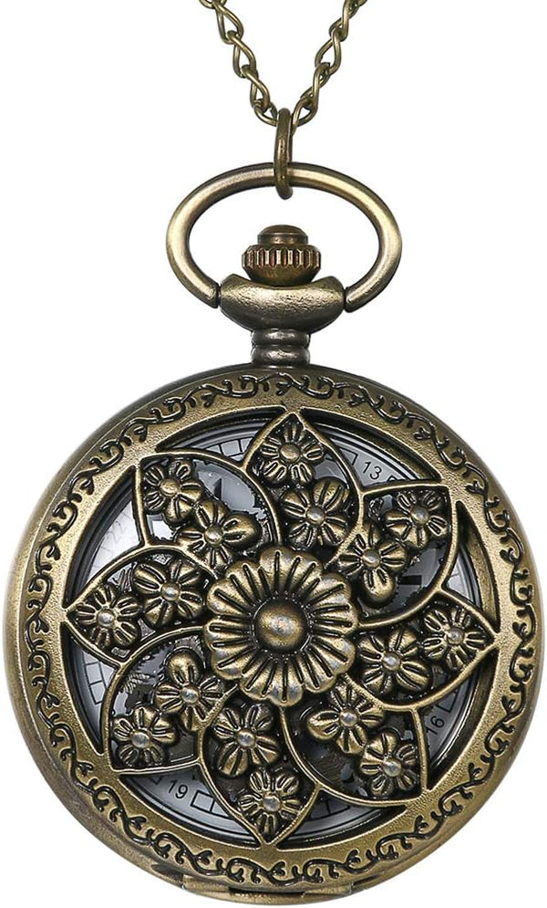 Antique Bronze Retro Openwork Rose Quartz Pocket Watch for Women