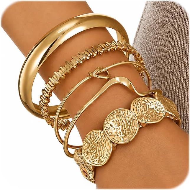 Gold Bangle Bracelets for Women, Dainty Knot 14K Gold Plated Multi Layer Bangle Cuffs, Personalized Boho Chunky Bracelets for Women Jewelrys Set Gifts