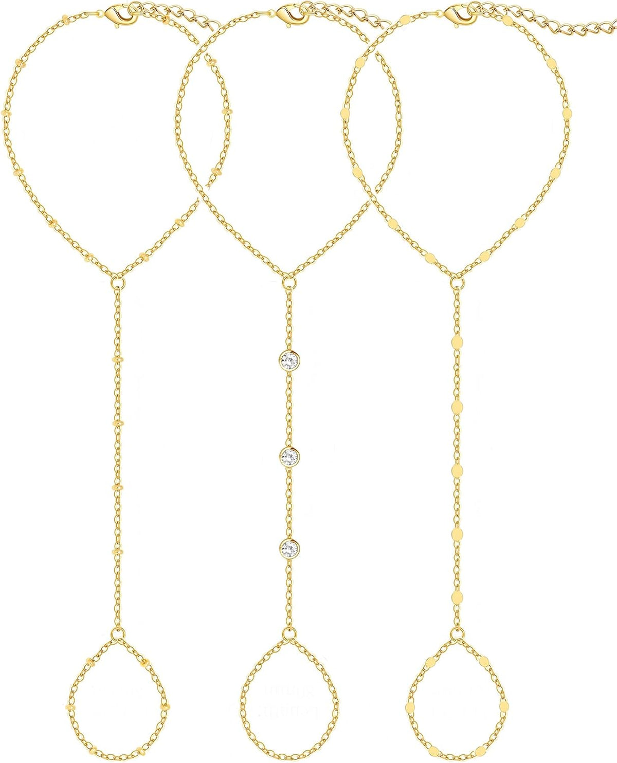 3PCS 14K Gold-Plated Hand Chain Bracelets for Women, Stack Bracelets Set Adjustable, Trendy Dainty Ring Bracelet Hand Chain