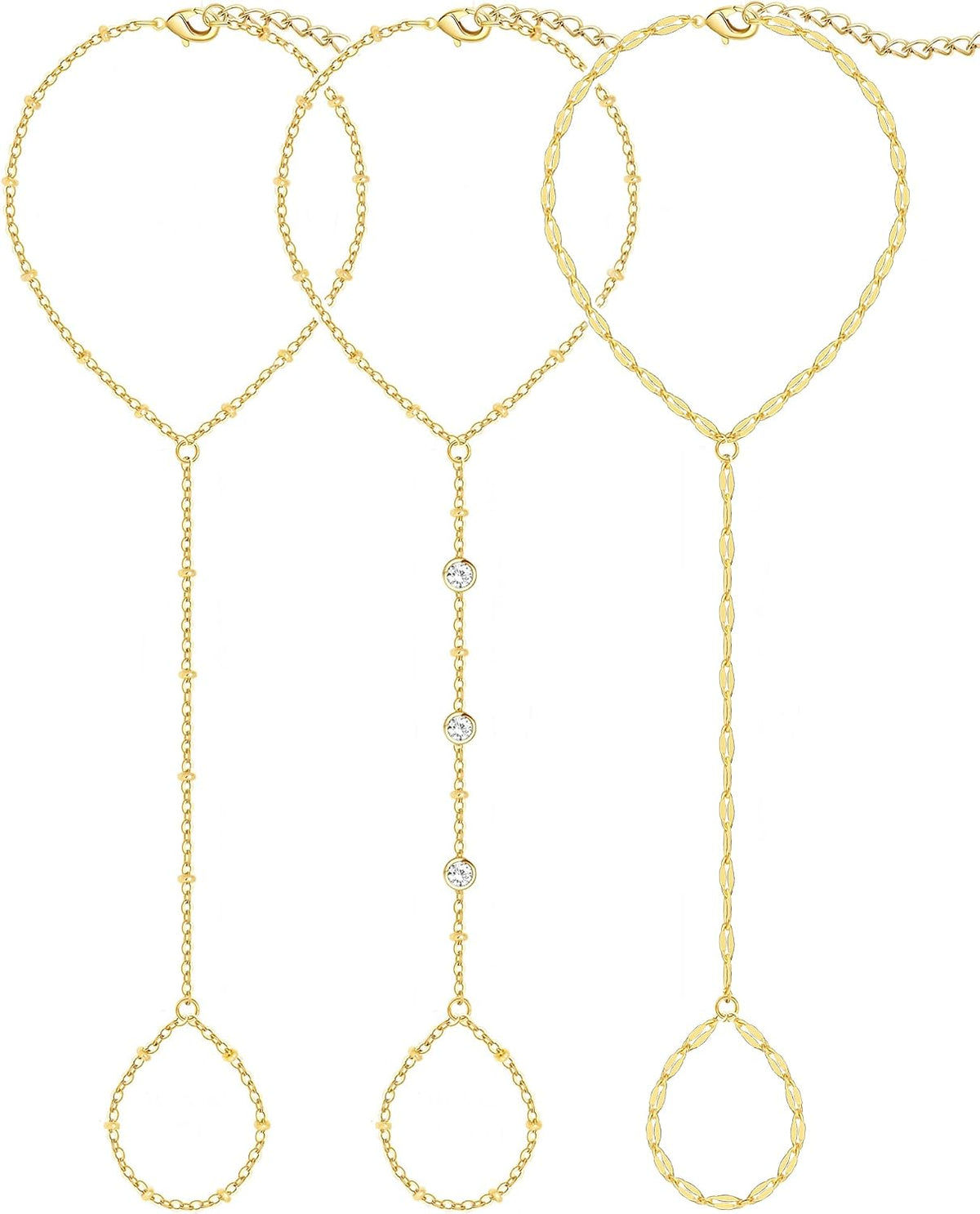 3PCS 14K Gold-Plated Hand Chain Bracelets for Women, Stack Bracelets Set Adjustable, Trendy Dainty Ring Bracelet Hand Chain