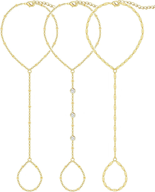 3PCS 14K Gold-Plated Hand Chain Bracelets for Women, Stack Bracelets Set Adjustable, Trendy Dainty Ring Bracelet Hand Chain