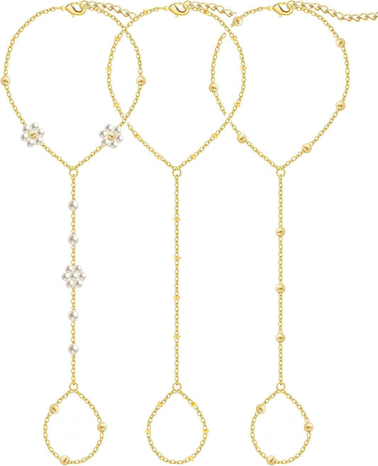 3PCS 14K Gold-Plated Hand Chain Bracelets for Women, Stack Bracelets Set Adjustable, Trendy Dainty Ring Bracelet Hand Chain
