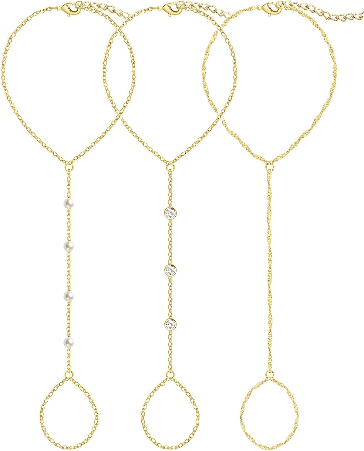 3PCS 14K Gold-Plated Hand Chain Bracelets for Women, Stack Bracelets Set Adjustable, Trendy Dainty Ring Bracelet Hand Chain