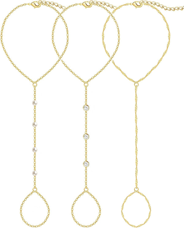 3PCS 14K Gold-Plated Hand Chain Bracelets for Women, Stack Bracelets Set Adjustable, Trendy Dainty Ring Bracelet Hand Chain