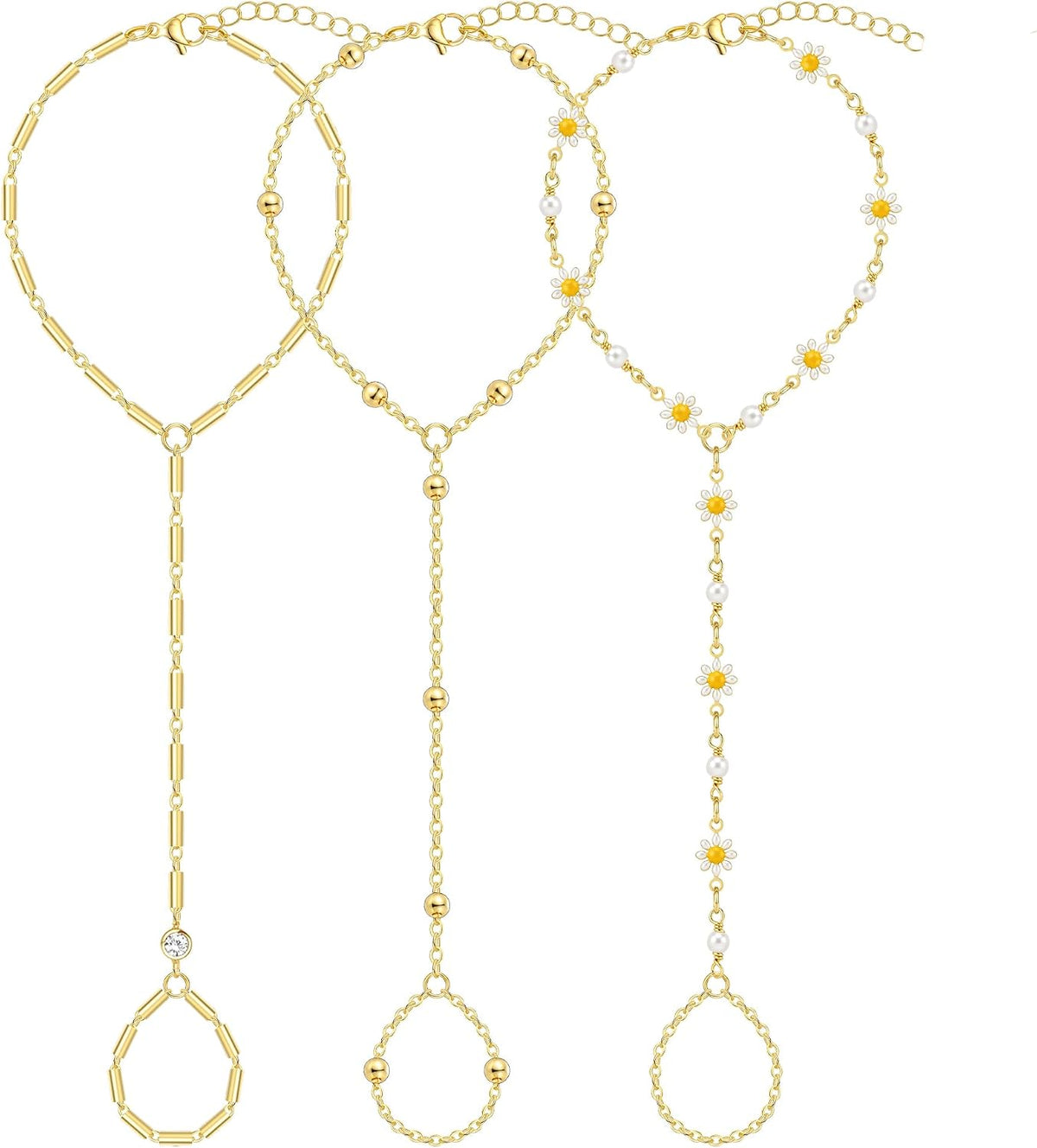 3PCS 14K Gold-Plated Hand Chain Bracelets for Women, Stack Bracelets Set Adjustable, Trendy Dainty Ring Bracelet Hand Chain
