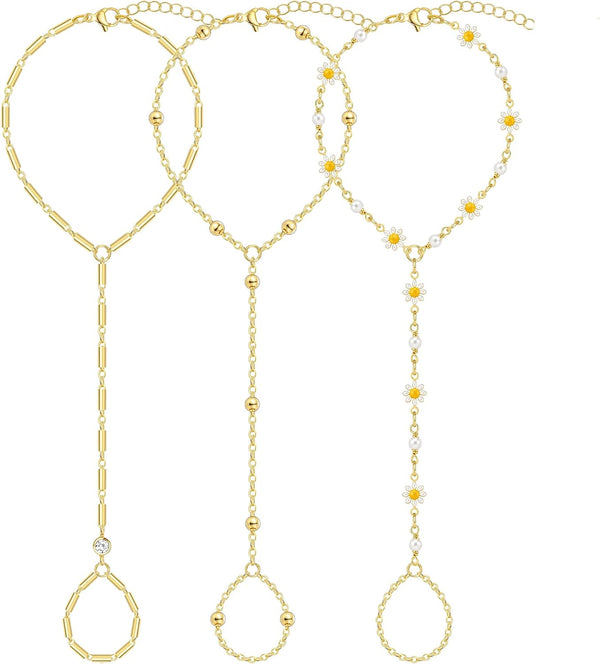 3PCS 14K Gold-Plated Hand Chain Bracelets for Women, Stack Bracelets Set Adjustable, Trendy Dainty Ring Bracelet Hand Chain