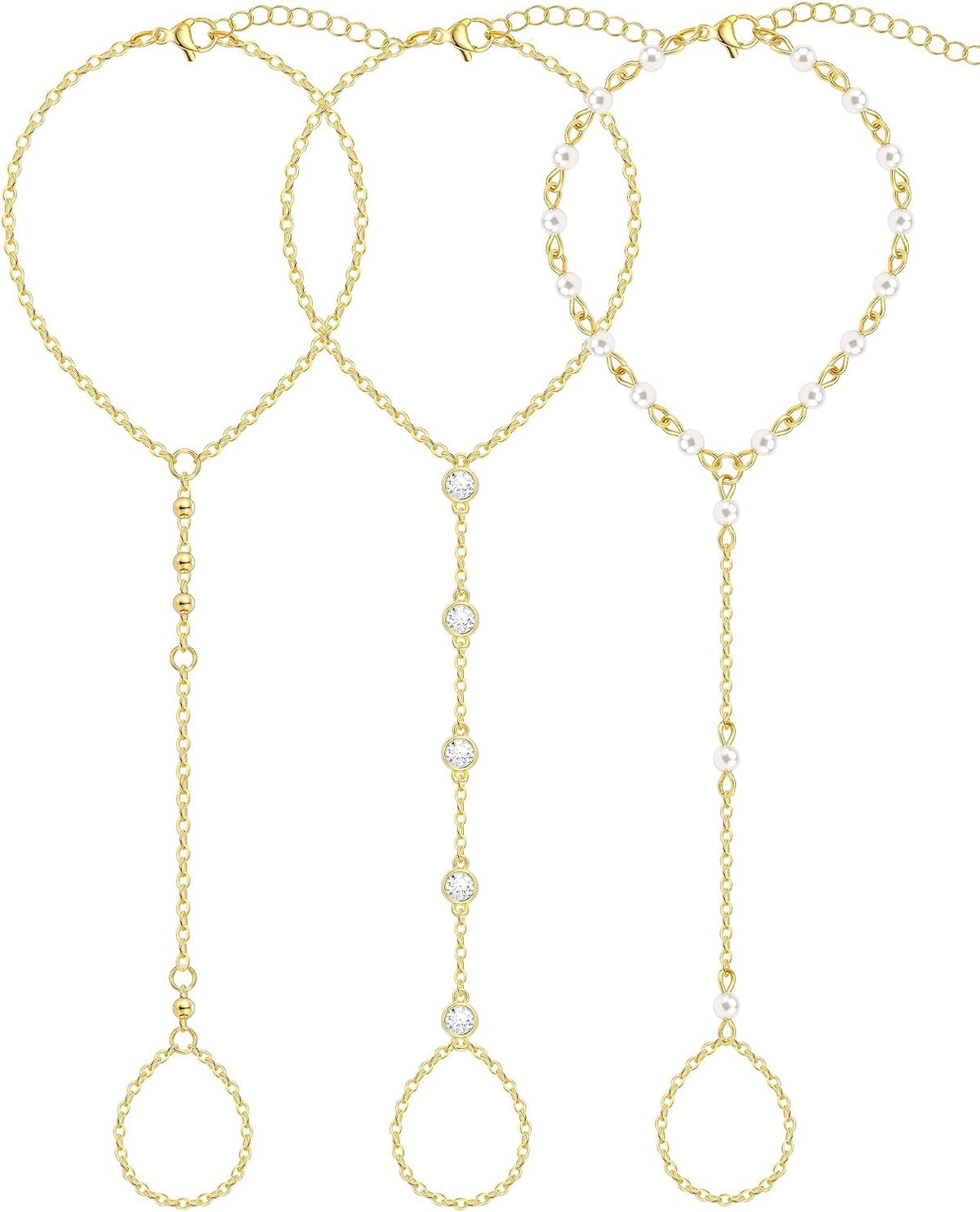 3PCS 14K Gold-Plated Hand Chain Bracelets for Women, Stack Bracelets Set Adjustable, Trendy Dainty Ring Bracelet Hand Chain