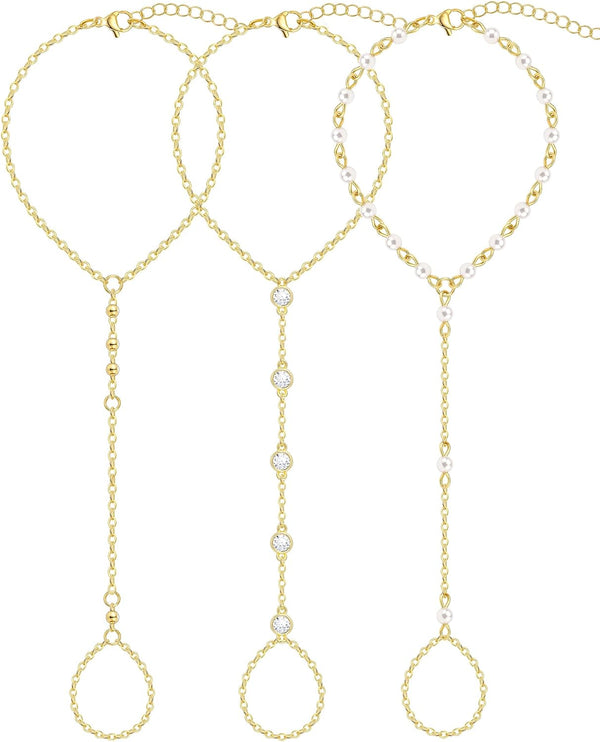 3PCS 14K Gold-Plated Hand Chain Bracelets for Women, Stack Bracelets Set Adjustable, Trendy Dainty Ring Bracelet Hand Chain