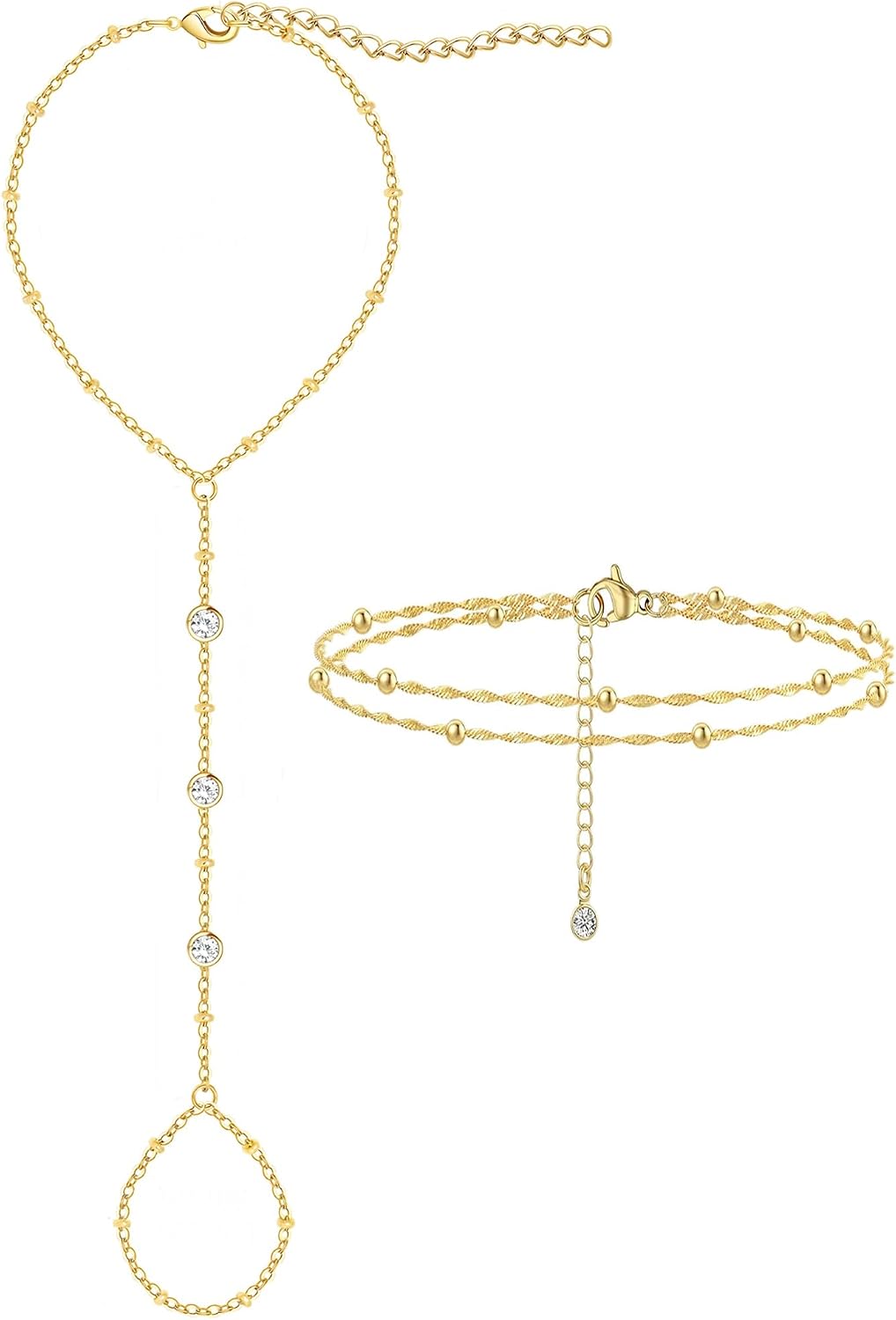 3PCS 14K Gold-Plated Hand Chain Bracelets for Women, Stack Bracelets Set Adjustable, Trendy Dainty Ring Bracelet Hand Chain