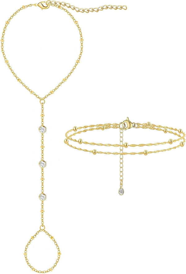 3PCS 14K Gold-Plated Hand Chain Bracelets for Women, Stack Bracelets Set Adjustable, Trendy Dainty Ring Bracelet Hand Chain