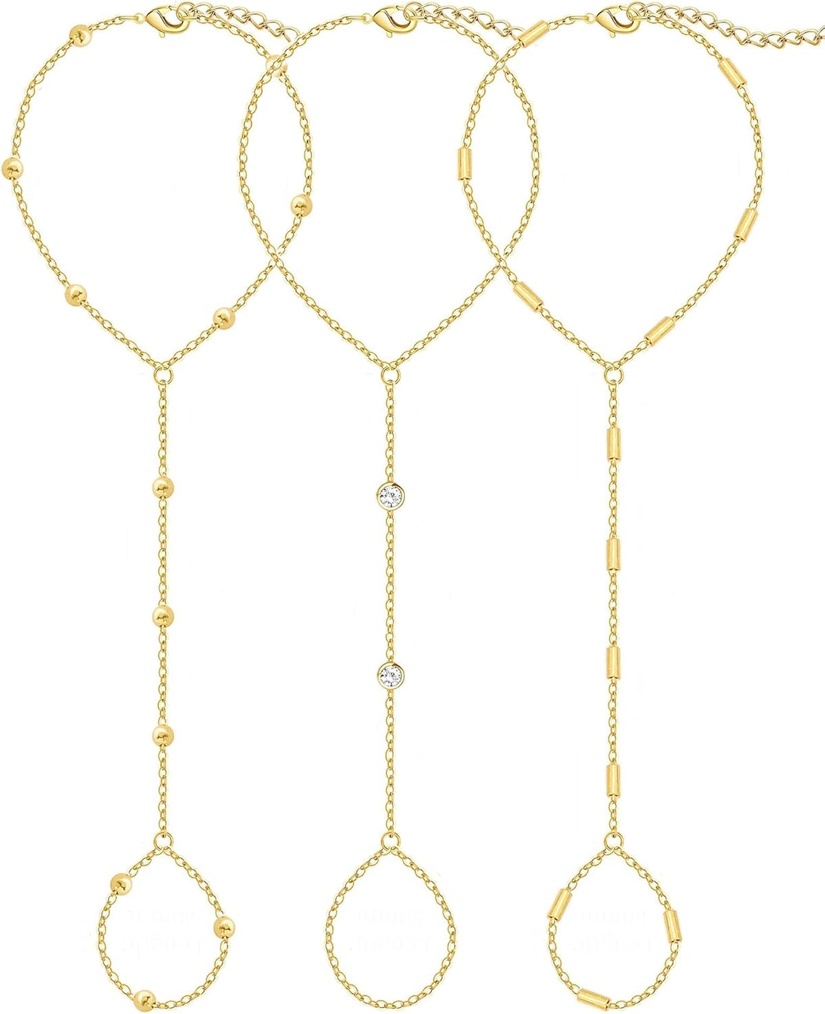 3PCS 14K Gold-Plated Hand Chain Bracelets for Women, Stack Bracelets Set Adjustable, Trendy Dainty Ring Bracelet Hand Chain