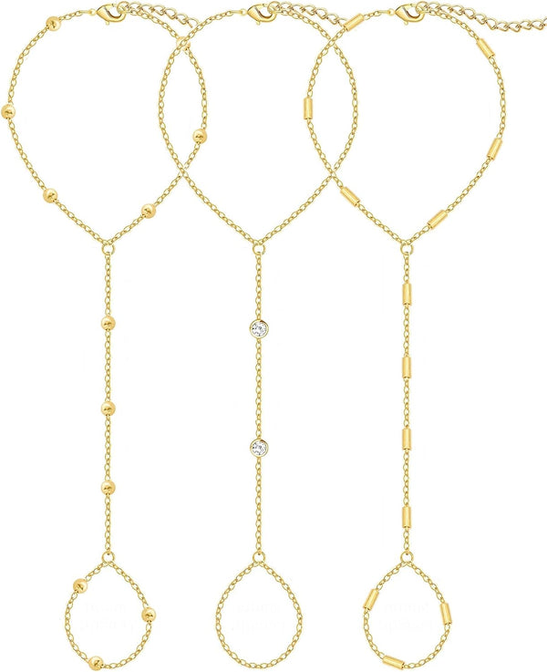 3PCS 14K Gold-Plated Hand Chain Bracelets for Women, Stack Bracelets Set Adjustable, Trendy Dainty Ring Bracelet Hand Chain
